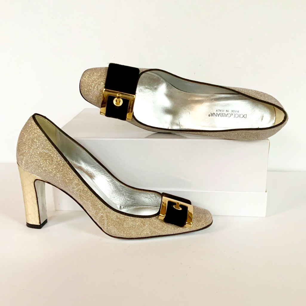 Dolce & Gabbana Gold Heels W Brown Velvet Trim 36.5